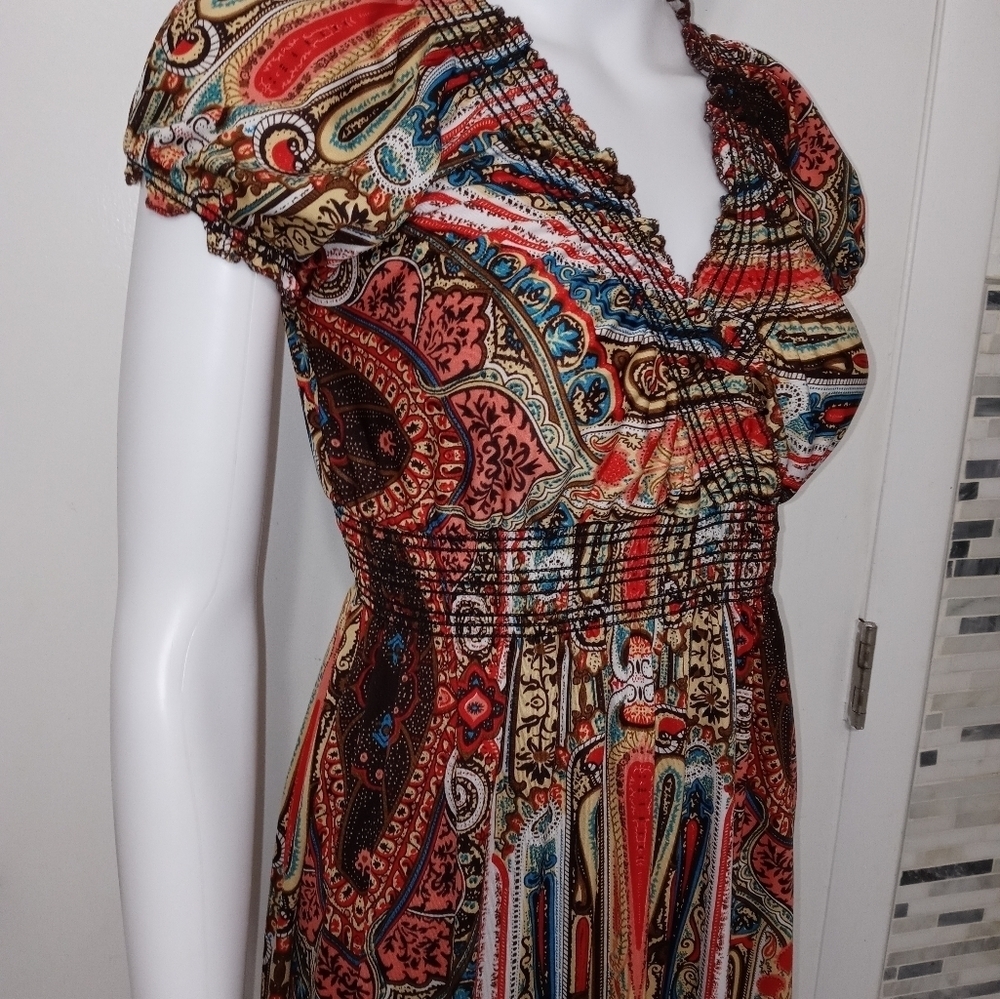LAPAGEE PAISLEY LONGLINE CROSSOVER V NECK SMOCKED WAIST PRAIRIE STYLE DRESS M - Picture 5 of 15